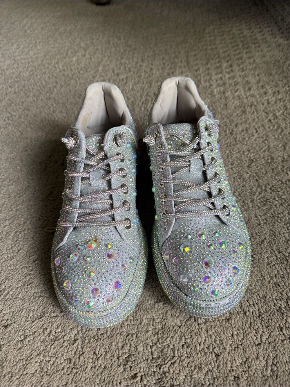 Crystal-Embellished Women's Lace-Up Sneakers in Silver